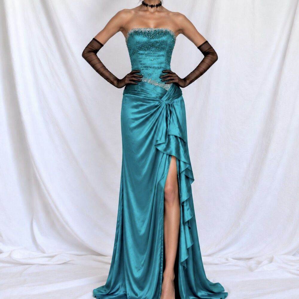 Vintage Y2K Satin Blue Beaded Strapless Ruffle Side Slit Maxi Prom Dress Size S